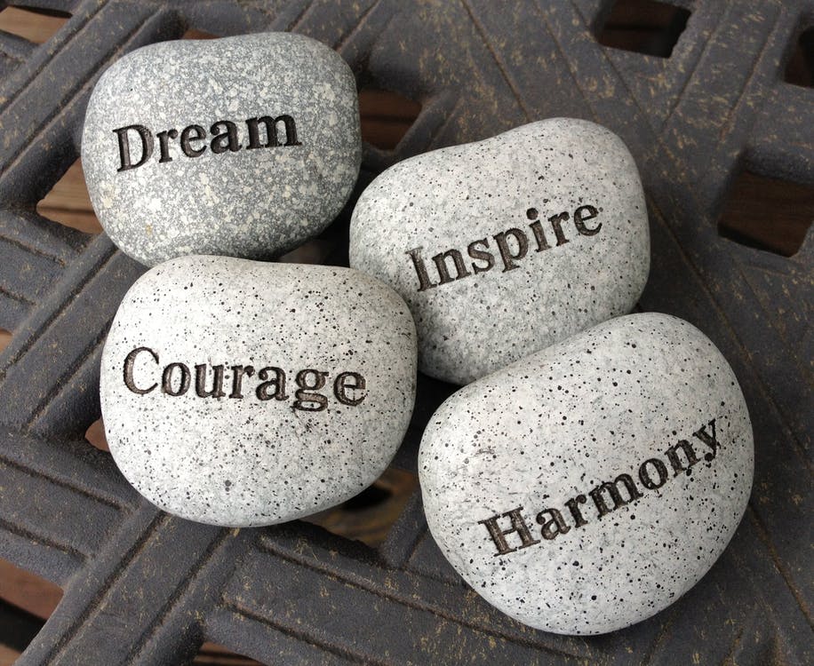 dream, courage, inspire, harmony, stones