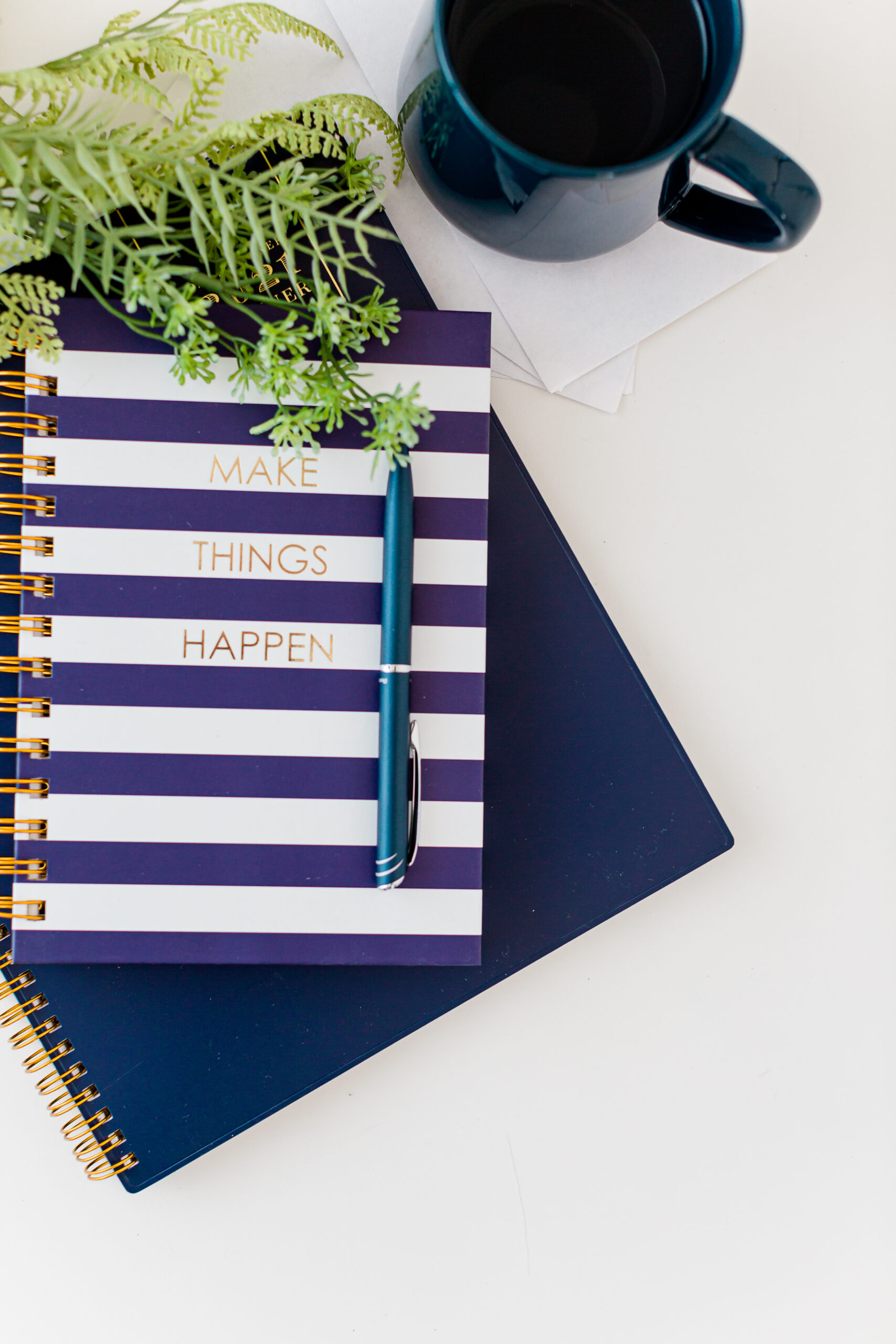 Blue and white stripe journal, blue notebook, blue mug, green plant